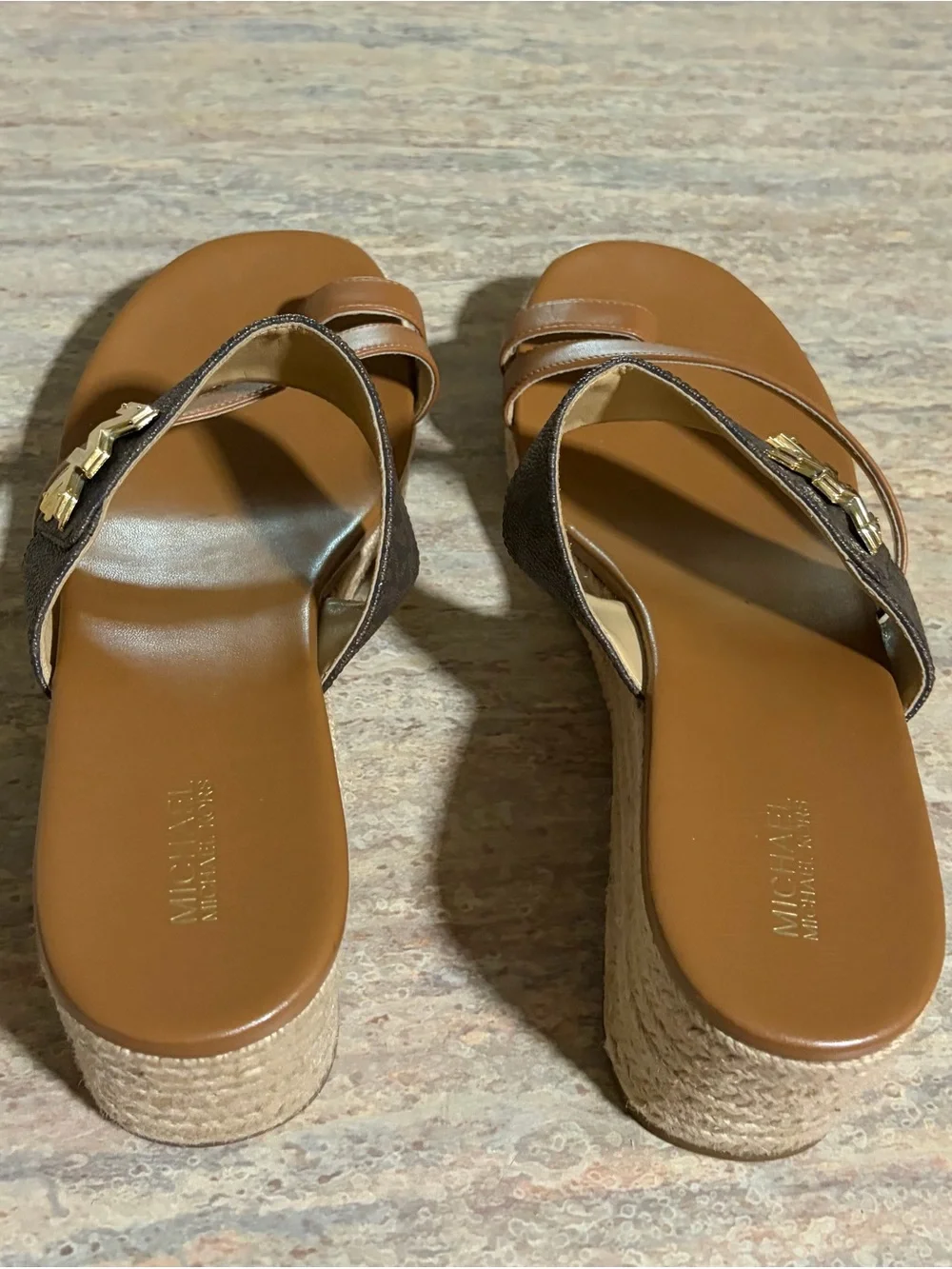 Michael Kors Tan & Brown Leather Logo Espadrille Wedge Sandals with Gold Accents